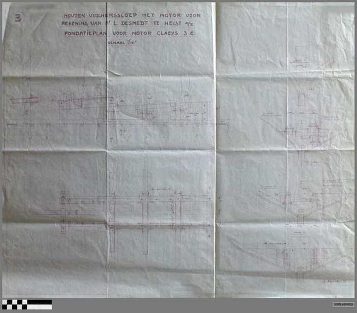 Houten visscherssloep met motor voor rekening van Mr. L. Desmedt te Heist-aan-Zee - Fondatieplan voor motor Claeys 3E