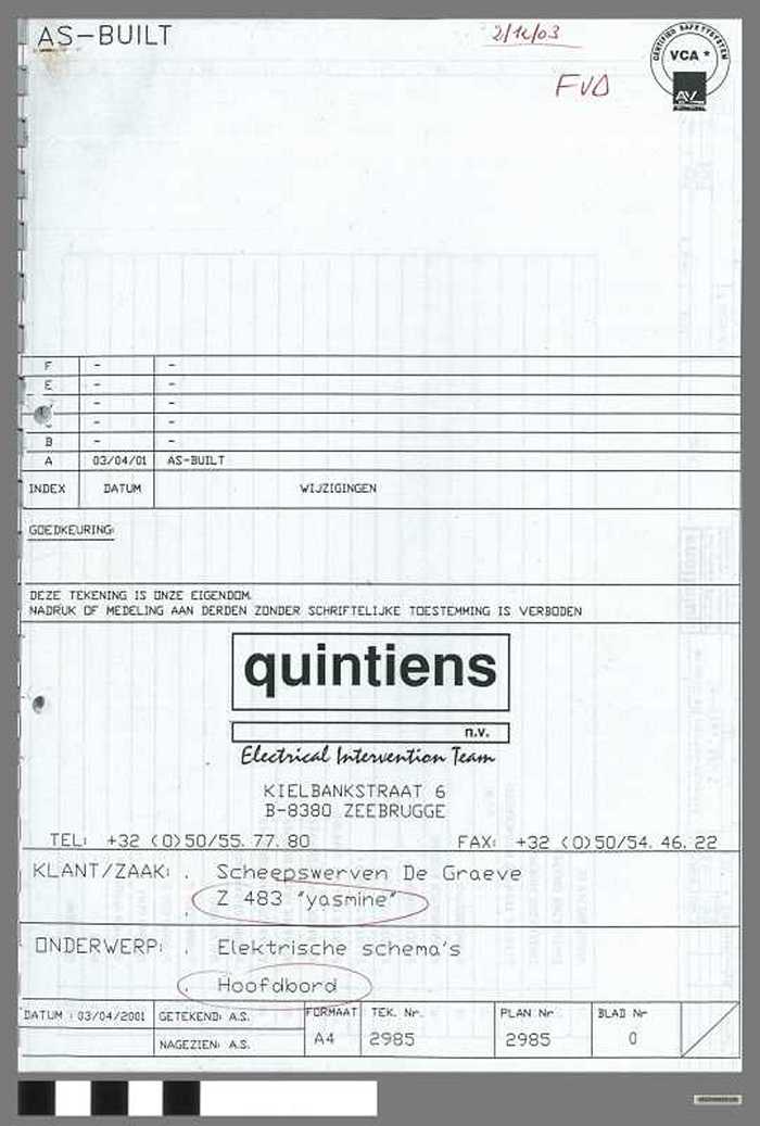 Quintiens n.v. Electrial Intervention Team - Elektrische schema's voor de Z.483 Yasmine