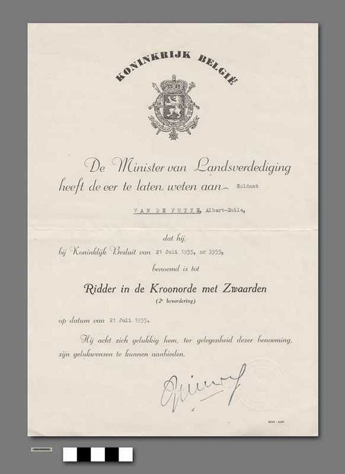 Benoeming tot Ridder in de Kroonorde met Zwaarden -  Van De Putte Albert
