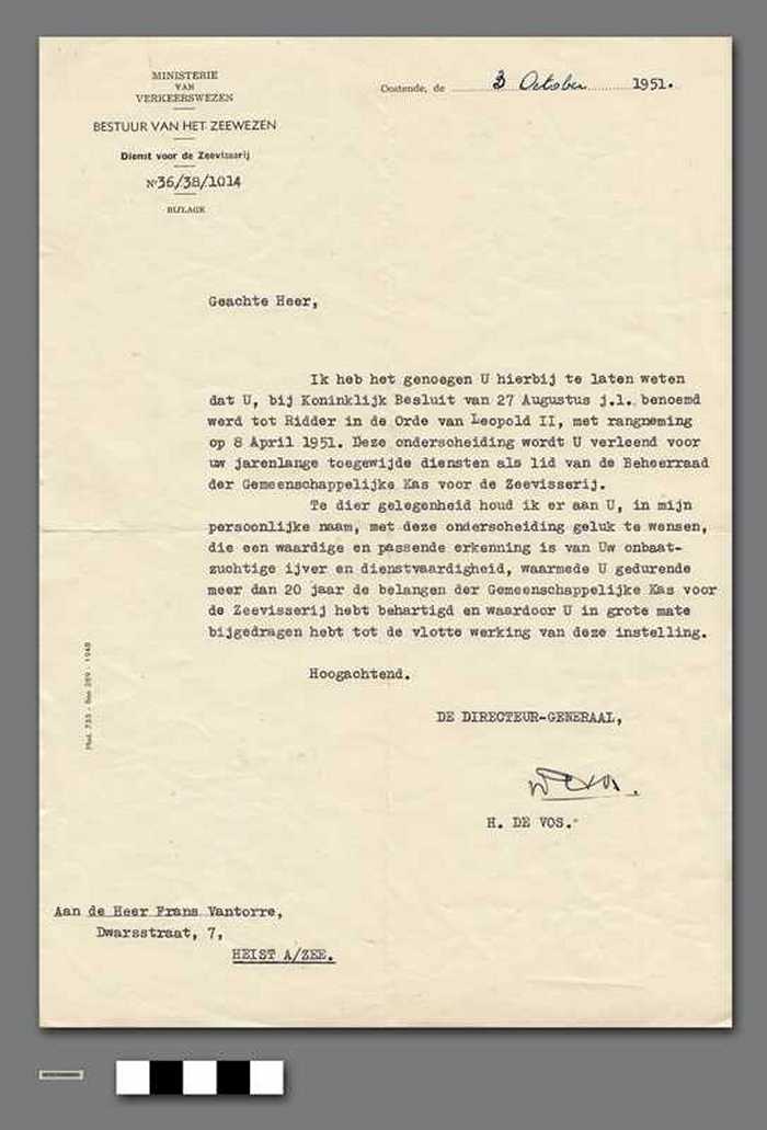 Brief: Benoeming tot Ridder in de orde van Leopold II - Vantorre Frans