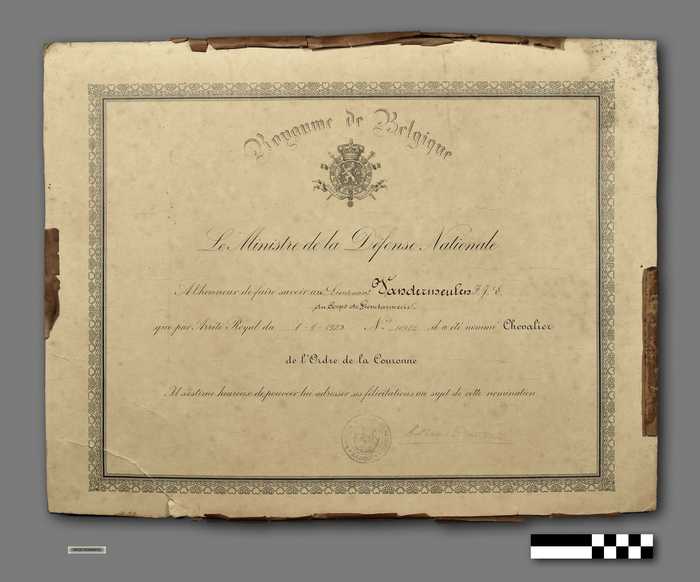 Brevet: Ridder in de Kroonorde - Vermeulen - 1923