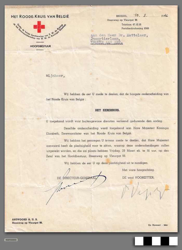 Het Eerekruis, Het Roode-Kruis van België op naam van Dr. Mattelaer