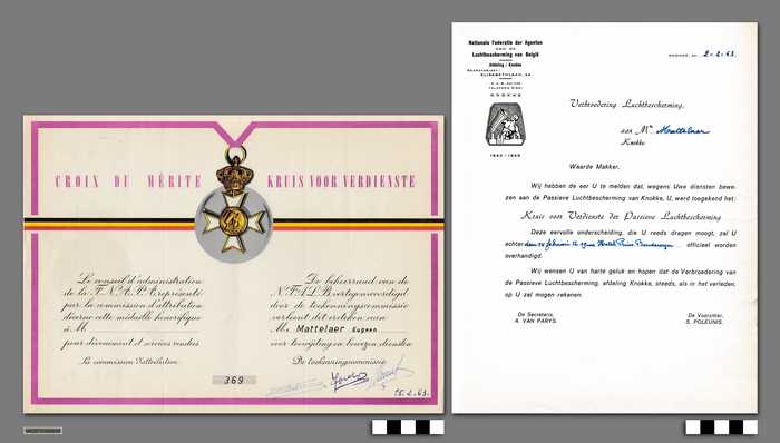 Kruis voor verdienste verleent aan Mr. Mattelaert Eugeen.