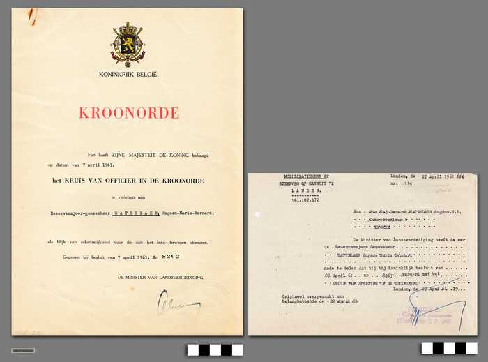 Het Kruis van Officier in de Kroonorde verleent aan Reservemajoor-geneesheer Mattelaer, Eugeen-Maria Bernard