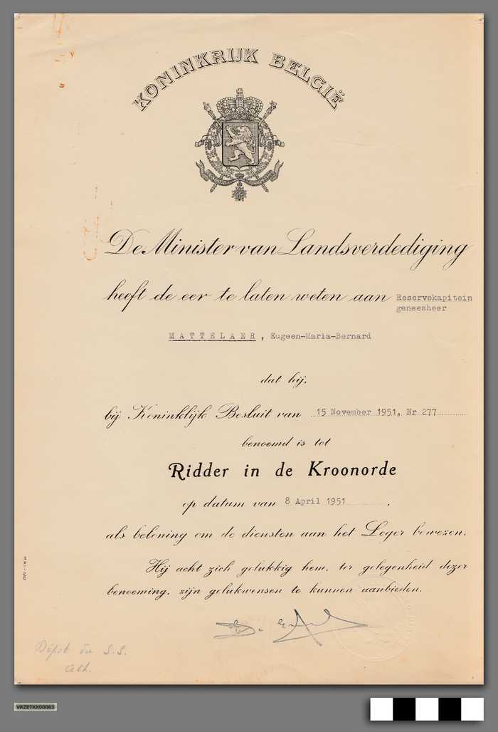Ridder in de Kroonorde - Reservekapitein geneesheer Mattelaer, Eugeen-Maria-Bernard