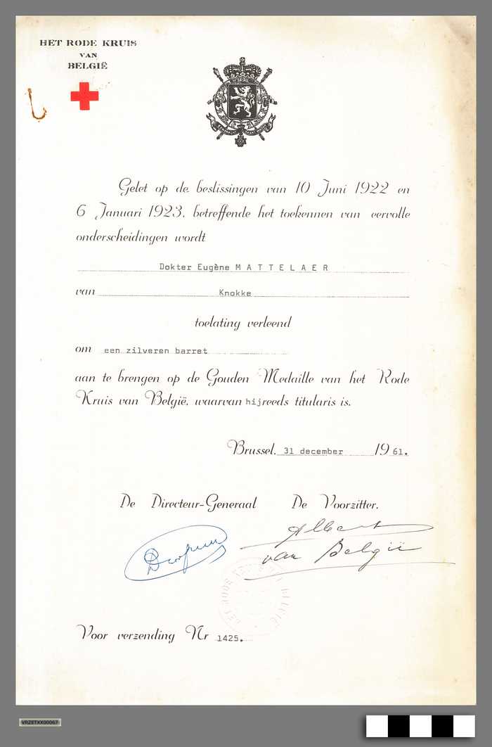 Toelating om een zilveren baret aan de brengen op de Gouden Medaille van het Rode Kruis - Dokter Eugène Mattelaer