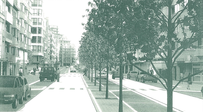 Simulatiefoto van de toekomstige Lippenslaan met bredere voetpaden 